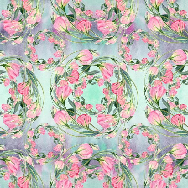 꽃, 꽃 봉 오리와 잎-수채화 물감으로 그리기. Eustoma.Watercolor 배경입니다. 꽃 모티프로 추상적인 배경 화면입니다. 원활한 패턴. — 스톡 사진