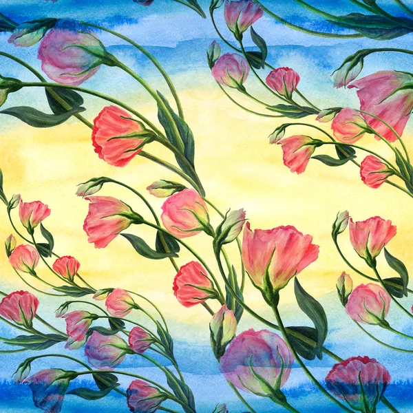 Bloemen, knoppen en bladeren - tekening door aquarel. Eustoma.Watercolor achtergrond. Abstracte wallpaper met bloemmotieven. Naadloze patroon. — Stockfoto