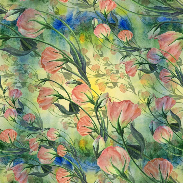Fleurs, bourgeons et feuilles - dessin par aquarelle. Eustoma.Aquarelle de fond. Papier peint abstrait avec des motifs floraux. Modèle sans couture . — Photo