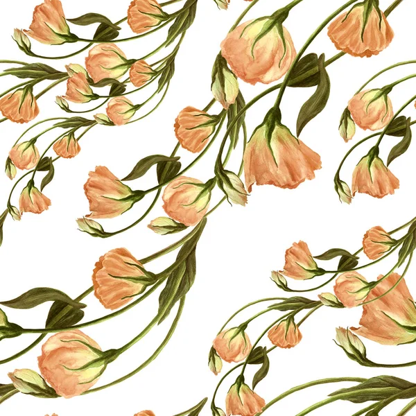 鲜花、 芽和叶-绘制的水彩画。Eustoma.Watercolor 背景。带花纹图案的抽象壁纸。无缝模式. — 图库照片