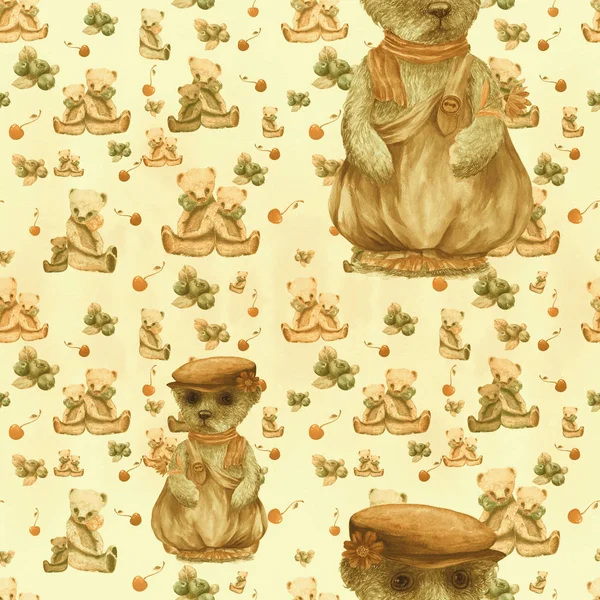 Aquarell Hintergrund. Teddybär, Kirschen und Blaubeeren - Hintergrundbild. nahtloses Muster. Verwendung von Druckmaterialien, Schildern, Postern, Postkarten, Verpackungen. Nahtloses Muster. — Stockfoto