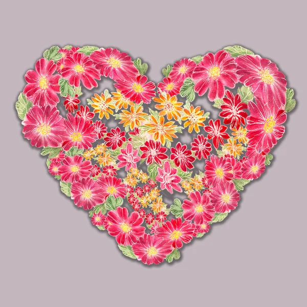 Heart.flowers and leaves - Aquarell Hintergrundbild - dekorative Komposition. — Stockfoto