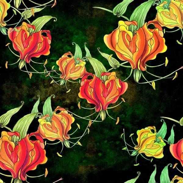 Gloriosa.Seamless patroon. Bloemen en bladeren - aquarel achtergrondafbeelding - decoratieve compositie. — Stockfoto