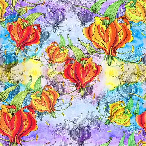 Gloriosa.Seamless patroon. Bloemen en bladeren - aquarel achtergrondafbeelding - decoratieve compositie. — Stockfoto