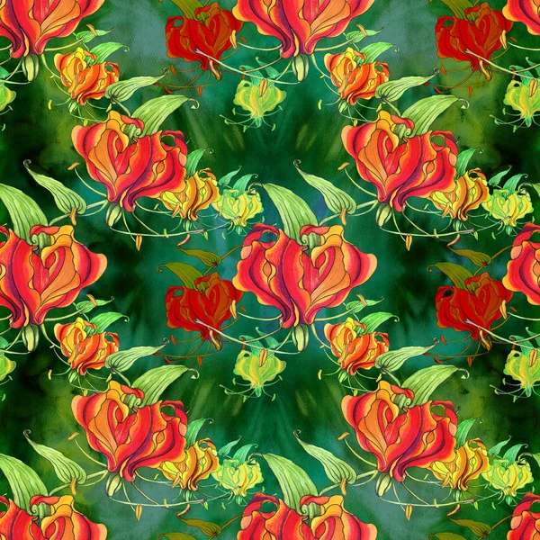 Gloriosa. Безшовний візерунок. Квіти і листя - зображення акварельного фону - декоративна композиція . — стокове фото