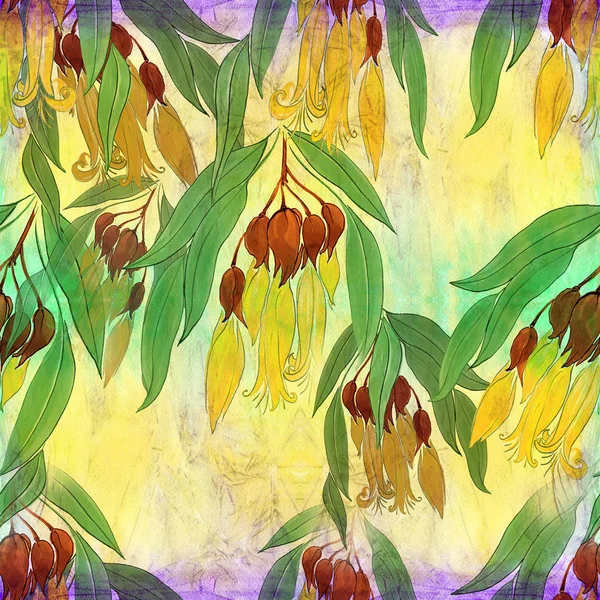 Toppen van bloemen en bladeren. Decoratieve compositie op een aquarel achtergrond. Naadloze patroon. — Stockfoto