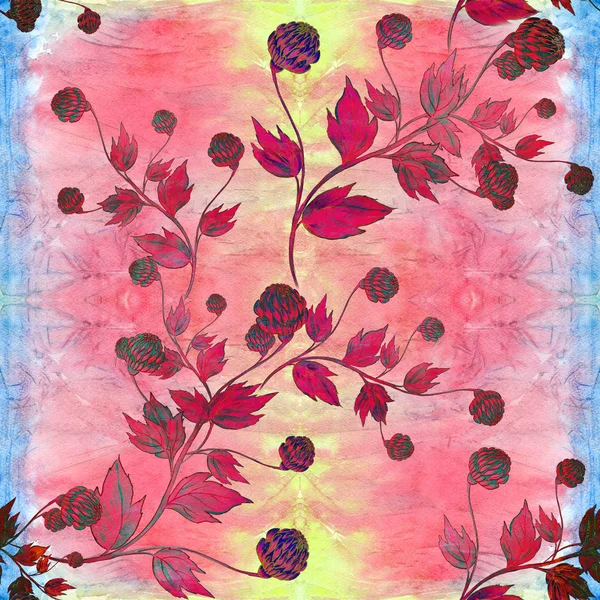 花和叶芽。水彩背景上的装饰成分。成的花卉图案。无缝模式. — 图库照片