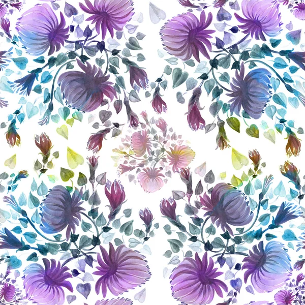 Buds of flowers and leaves. Decorative composition on a watercolor background. Floral motifs. Seamless pattern. — Stock Photo, Image