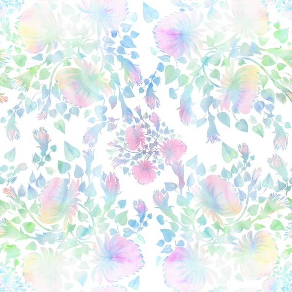 Knospen von Blüten und Blättern. dekorative Komposition auf aquarelliertem Hintergrund. Blumenmotive. nahtloses Muster. — Stockfoto