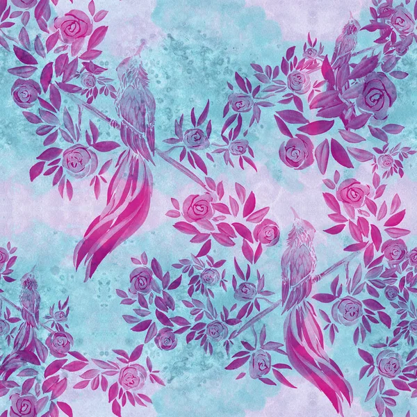 Vögel und Blumen - dekorative Komposition auf einem Aquarell-Hintergrund. nahtloses Muster. — Stockfoto