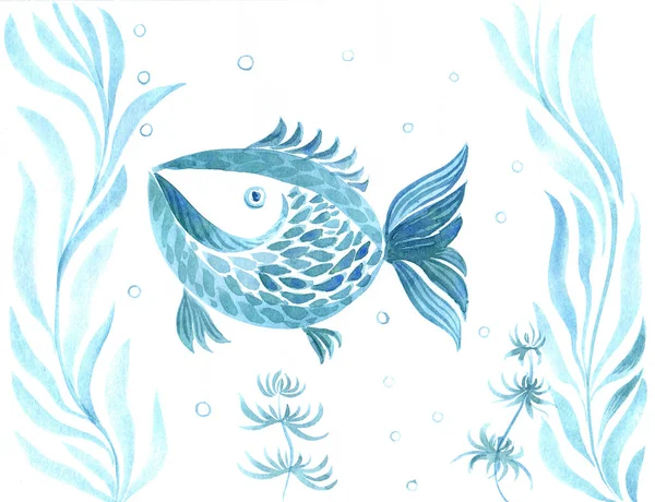 Рыба, водоросли, везикулы - декоративная композиция. Акварель . — стоковое фото
