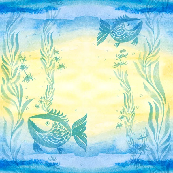 Рыба, водоросли, везикулы - декоративная композиция. Акварель. Бесшовный рисунок . — стоковое фото