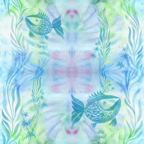 Риби, водорості, бульбашки - декоративна композиція. Акварель. Безшовний візерунок . — стокове фото