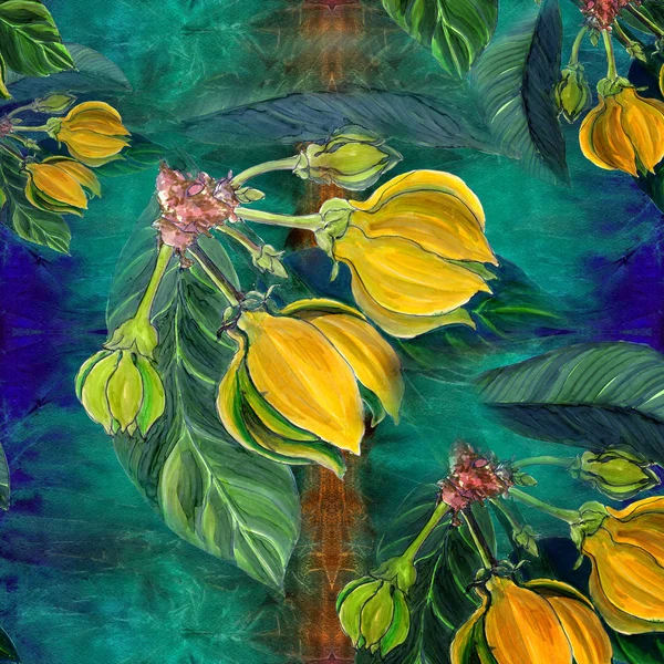 Ylang-ylang. Pintura acuarela medicinal, perfumería y plantas cosméticas. Patrón sin costura . — Foto de Stock