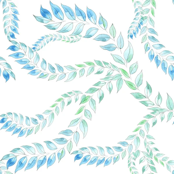 Zweige mit Blättern - eine dekorative Komposition auf aquarelliertem Hintergrund. nahtloses Muster. Aquarellmalerei Heil-, Parfümerie- und Kosmetikpflanzen. Tapete. — Stockfoto