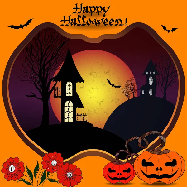 Attribut av semester - slott, pumpor, fladdermöss, blommor, silhuetter av träd. Vector Image. Halloween. — Stock vektor