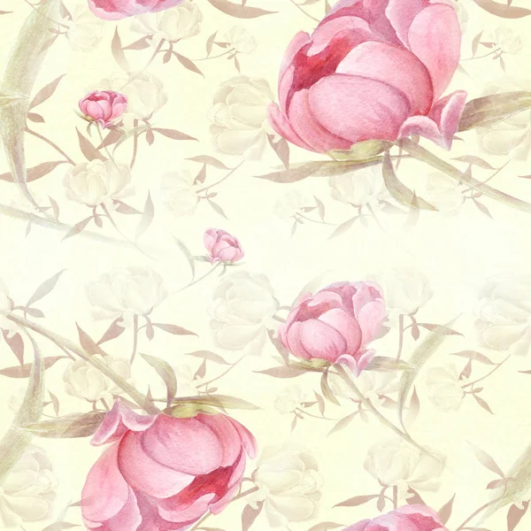 Peonies - flowers and leaves. Decorative composition on a watercolor background. Floral motifs. Seamless pattern. — Stock Photo, Image
