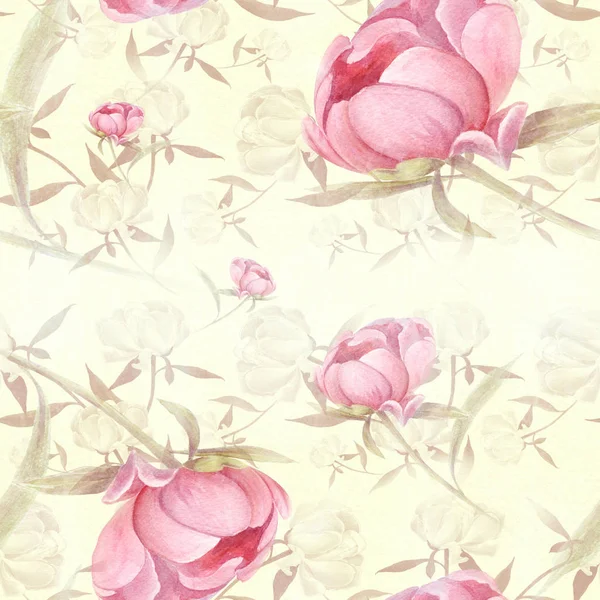 Pivoines - fleurs et feuilles. Composition décorative sur fond aquarelle. Motifs floraux. Modèle sans couture . — Photo