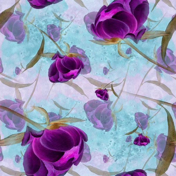 Peônias - flores e folhas. Composição decorativa em um fundo aquarela. Motivos florais. Padrão sem costura . — Fotografia de Stock