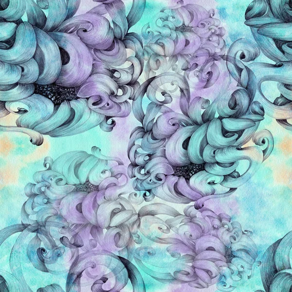 Blumen. Chrysanthemen. Dekorative Komposition auf aquarelliertem Hintergrund. Blumenmotive. nahtloses Muster. — Stockfoto
