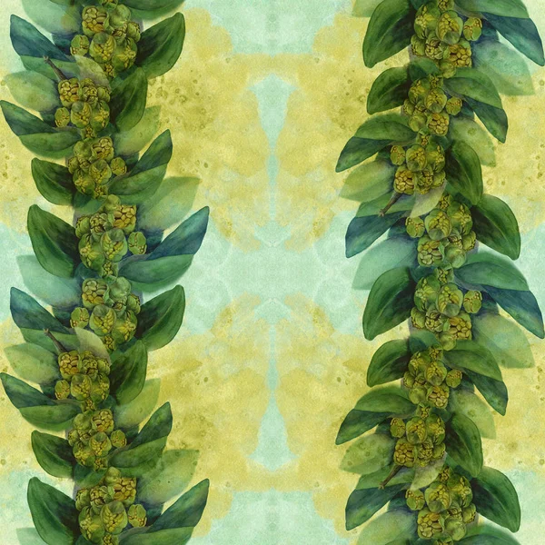 Jojoba. Akvarell. Blommor och blad. Blommotiv. Seamless mönster. — Stockfoto