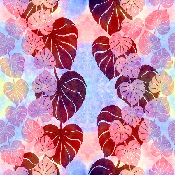 Exotische Blätter auf aquarelliertem Hintergrund. abstrakte Tapete mit floralen Motiven. nahtloses Muster. Tapete. — Stockfoto