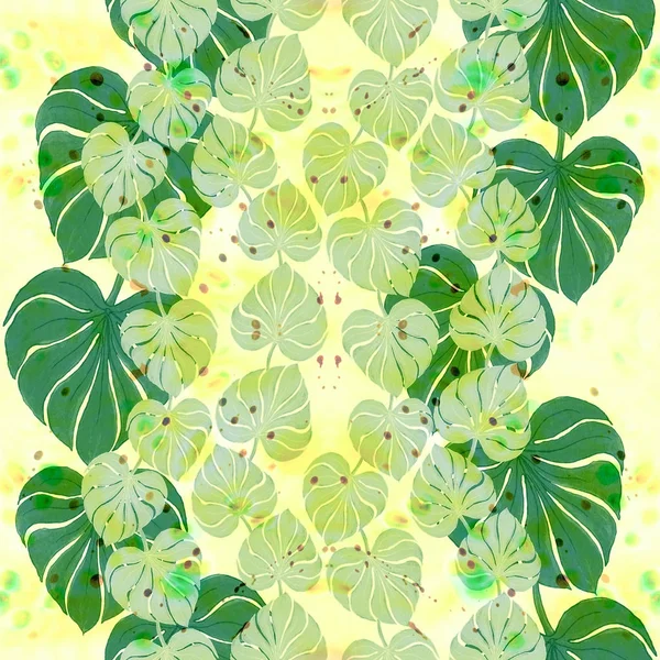 Exotiska blad på en akvarell bakgrund. Abstrakt tapet med blommotiv. Seamless mönster. Tapeter. — Stockfoto