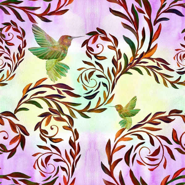 Pássaros e flores - composição decorativa em um contexto aquarela. Padrão sem costura. Aves de capoeira . — Fotografia de Stock