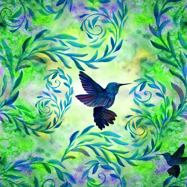 Vögel und Blumen - dekorative Komposition auf einem Aquarell-Hintergrund. nahtloses Muster. Kolibris. — Stockfoto
