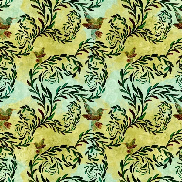 Птахів і квітів - Декоративна композиція на тлі аквареллю. Безшовні візерунок. Колібрі. — стокове фото