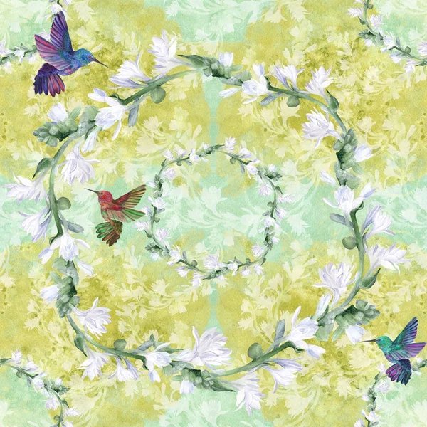 Vogels en bloemen - decoratieve compositie op een aquarel achtergrond. Naadloze patroon. Kolibries. — Stockfoto