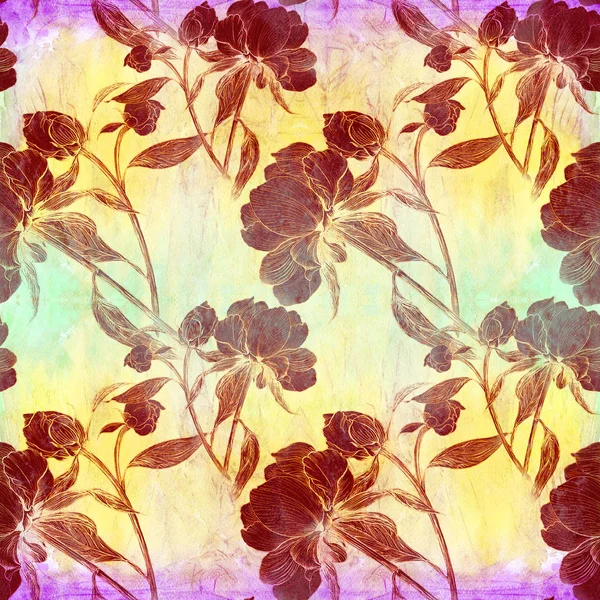 Peonías - flores y hojas. Composición decorativa sobre fondo acuarela. Motivos florales. Patrón sin costura . —  Fotos de Stock