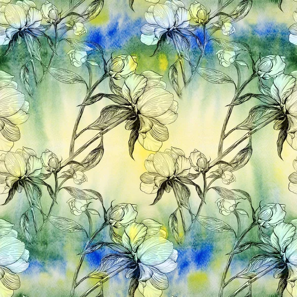 Pioner - blommor och blad. Dekorativa sammansättning på en akvarell bakgrund. Blommotiv. Seamless mönster. — Stockfoto