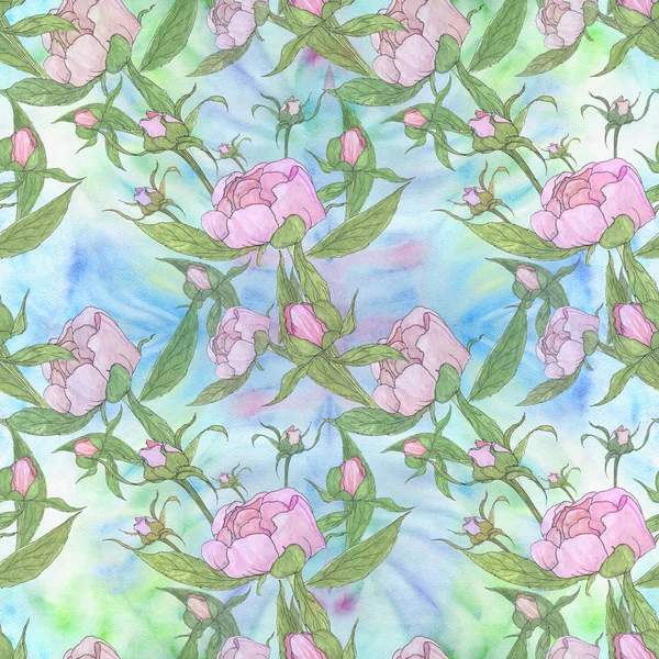 Pfingstrosen - Blüten und Blätter. dekorative Komposition auf aquarelliertem Hintergrund. Blumenmotive. nahtloses Muster. — Stockfoto