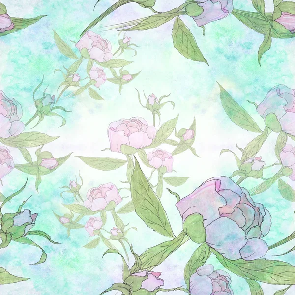 牡丹-花和叶子。水彩背景上的装饰成分。成的花卉图案。无缝模式. — 图库照片