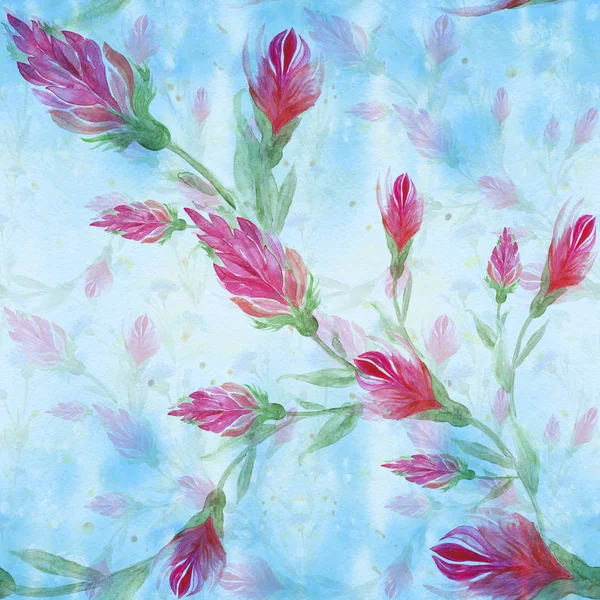 Röda blommor. Dekorativa sammansättning på en akvarell bakgrund. Seamless mönster. — Stockfoto