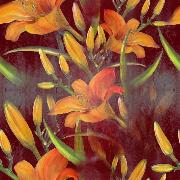 Квіти, бутони і листя жовтої лілії. Акварель. Квіткові мотиви. Безшовний візерунок . — стокове фото