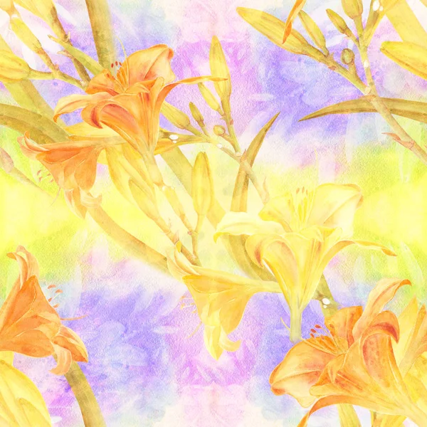 Blommor, knoppar och blad av en gul Lilja. Akvarell. Blommotiv. Seamless mönster. — Stockfoto
