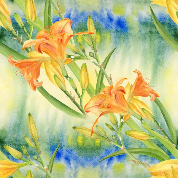 Bloemen, knoppen en bladeren van een gele lelie. Aquarel. Bloemmotieven. Naadloze patroon. — Stockfoto