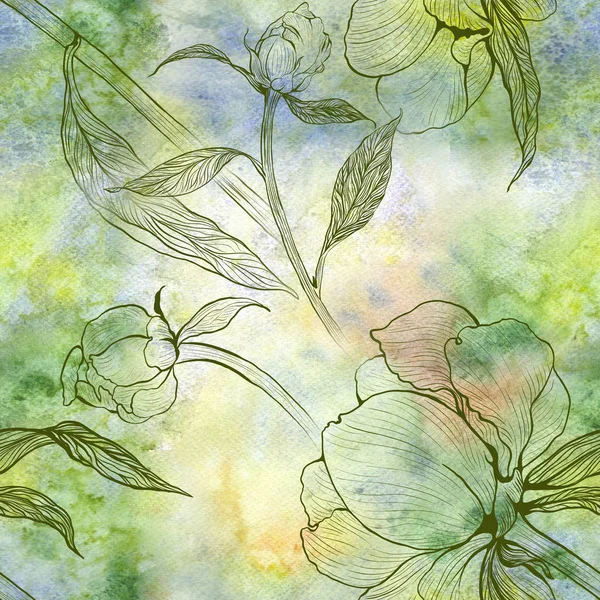 Peônias Flores Folhas Fundo Aquarela Papel Parede Abstrato Com Motivos — Fotografia de Stock