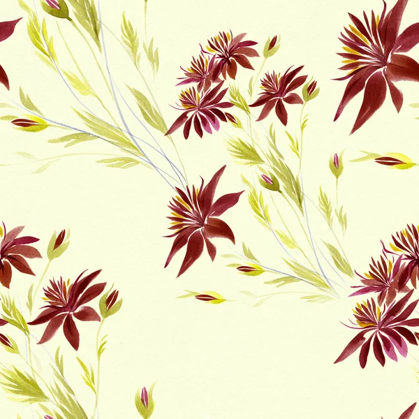 Branch with red flowers - watercolor. Seamless pattern. — Stock Photo, Image