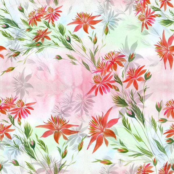 Branch with red flowers - watercolor.Seamless pattern. — Stock Photo, Image