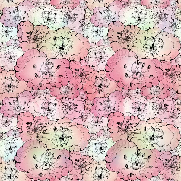 Nahtloser Hintergrund. Collage von Blumen auf Aquarell-Hintergrund — Stockfoto