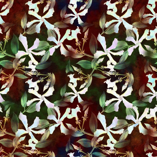 Gelsomino - fiori, gemme, foglie. Sfondo senza cuciture. Collage di fiori su sfondo acquerello — Foto Stock