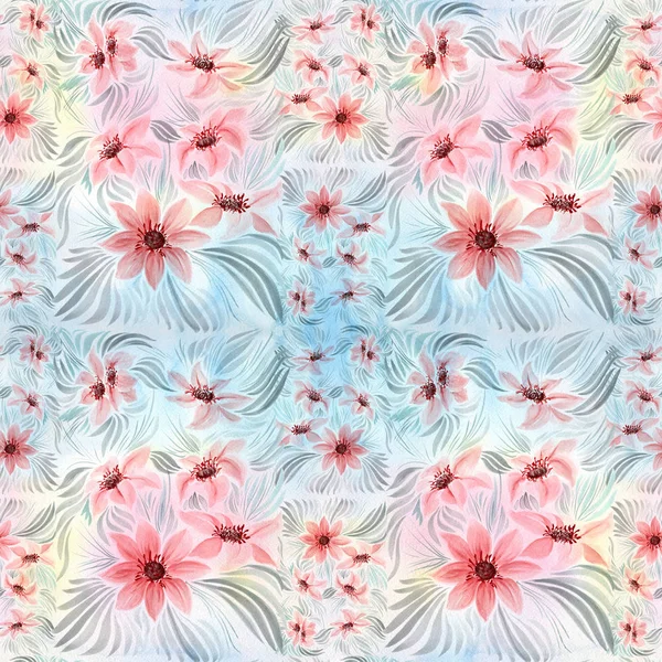 Nahtloser Hintergrund. Collage von Blumen auf einem Aquarell-Hintergrund. — Stockfoto