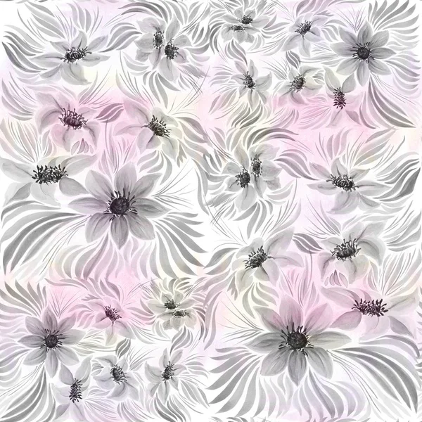 Sömlös bakgrund. Collage av blommor på en akvarell bakgrund. — Stockfoto