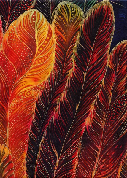 Veren Figuur Zijde Batik Decoratieve Compositie Veelkleurige Veren Batik Behang — Stockfoto