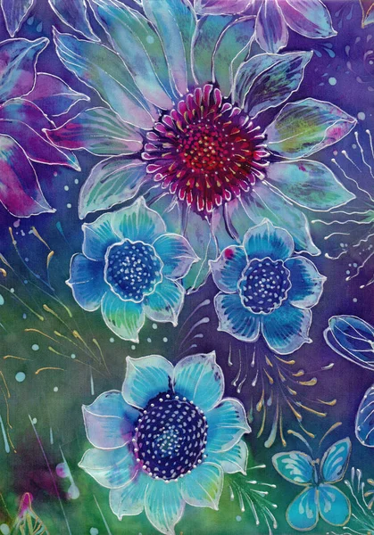 Çiçekler Dekoratif Kompozisyon Çiçek Motifleri Batik Duvar Kağıdı Basılı Malzemeler — Stok fotoğraf