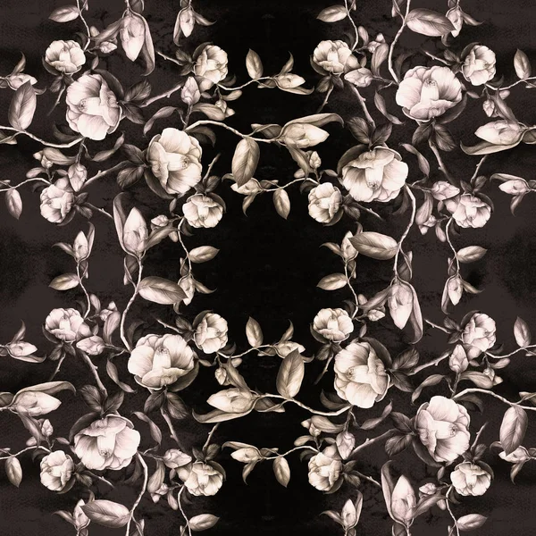 Kamelia - kwiaty, pąki i liście - na tle akwarela. Wzór. — Zdjęcie stockowe