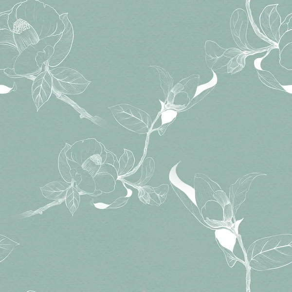 Камелія - квіти, бутони і листя. Безшовний візерунок . — стокове фото